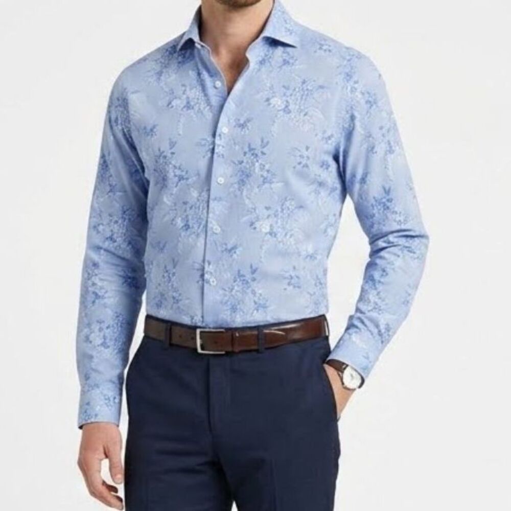 Kurt River Slim Fit Blue Floral Long SleeveButton Down Shirt Size M 100% Cotton